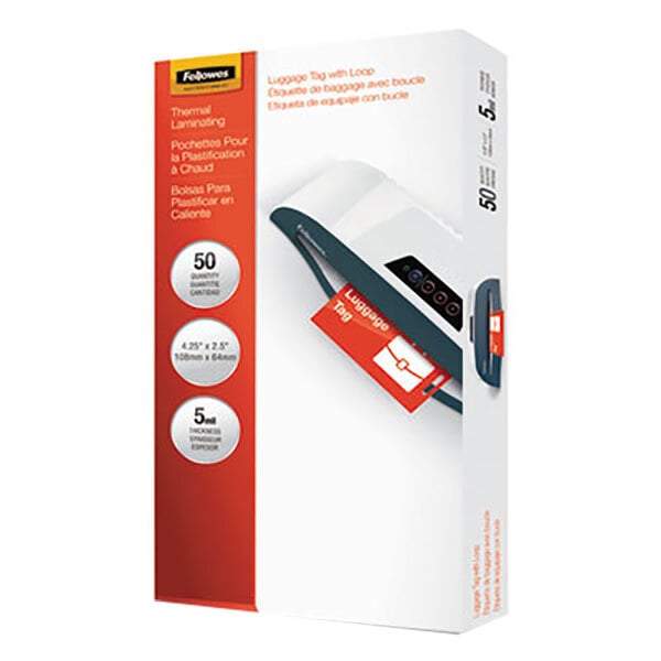 A white and red box of Fellowes Luggage Tag Laminating Pouches with a red and black luggage tag inside.