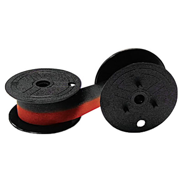 A black and red ribbon on a black spool with a hole in the center.