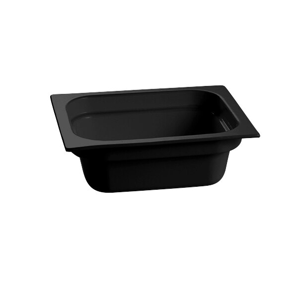 A black Tablecraft deep cast aluminum food pan on a counter in a salad bar.