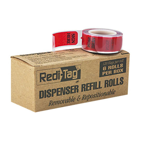 A close-up of a box of Redi-Tag "Sign Here" arrow page flag refills.