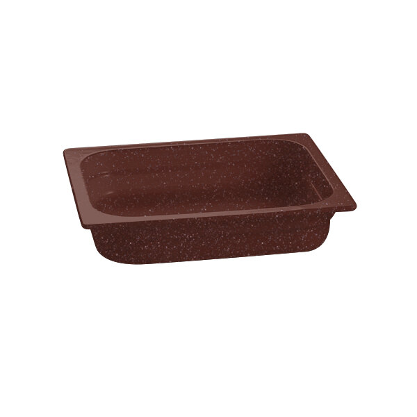 A brown rectangular Tablecraft food pan with white specks.