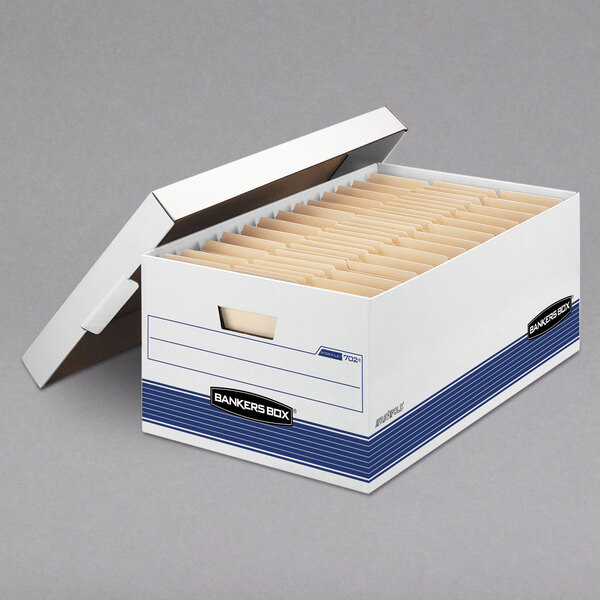 A white Fellowes Bankers Box file storage box with a lid open.