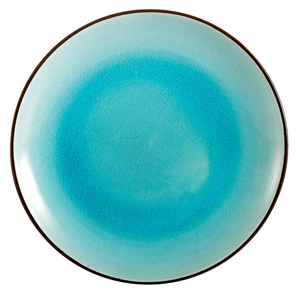 CAC 666-16-BLU Japanese Style 10" Stoneware Coupe Plate - Black Non-Glare Glaze / Lake Water Blue - 12/Case