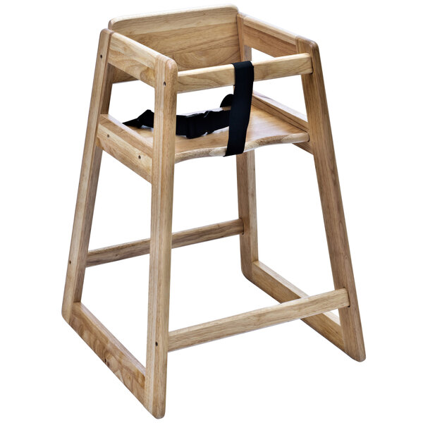 A Koala Kare Woodrow wooden high chair with a black strap.