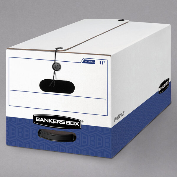 A white and blue Fellowes Liberty Bankers Box with black lettering and a black handle.