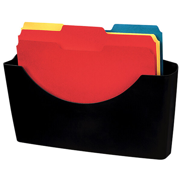 A dark graphite Fellowes file pocket holding several folders.