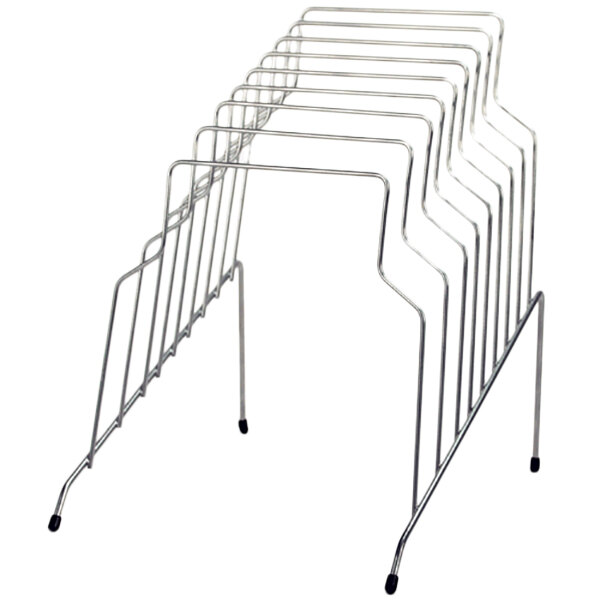 A silver metal Fellowes wire step file rack with eight compartments.