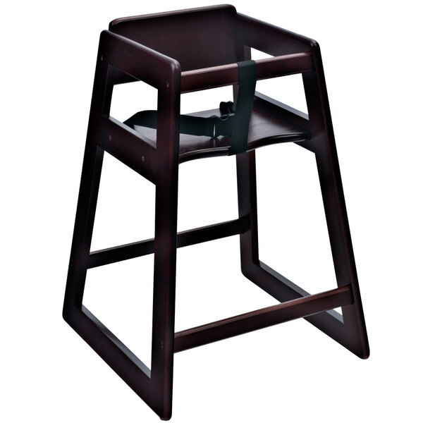 A Woodrow high chair with a mahogany finish and a black seat strap.