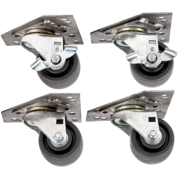A set of four black and white SunFire casters with rubber wheels and metal plates.