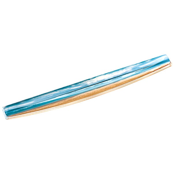 A Fellowes Sandy Beach gel keyboard wrist rest with blue and gold stripes.