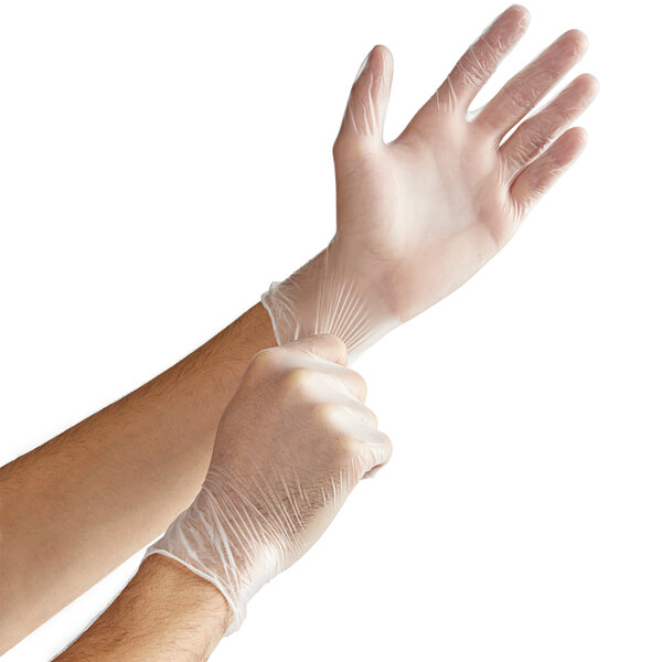 A person putting on a pair of Noble Products medium powdered disposable vinyl gloves.