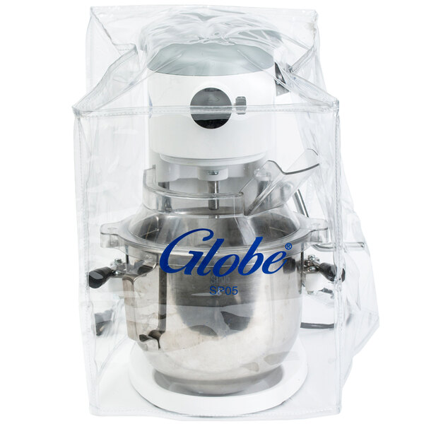 A white Globe mixer with a clear plastic cover.
