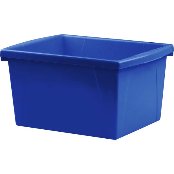 A blue Storex plastic storage bin.