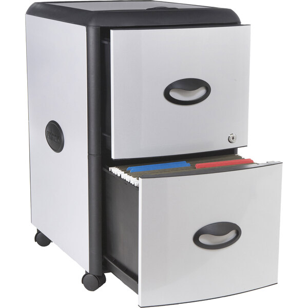 A black and silver Storex metal filing cabinet with two drawers.