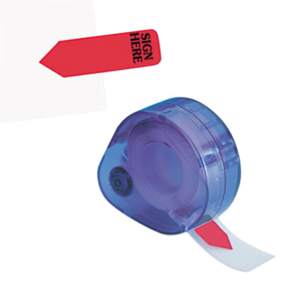 A clear tape dispenser with a roll of Redi-Tag "Sign Here" arrow page flags with a red and white label.
