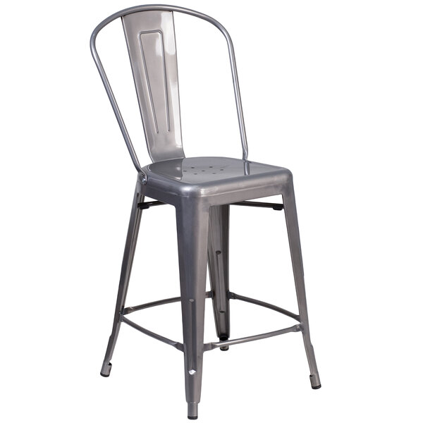 Flash Furniture XU-DG-TP001B-24-GG Clear Coated Metal Counter Height Stool with Vertical Slat Back and Drain Hole Seat