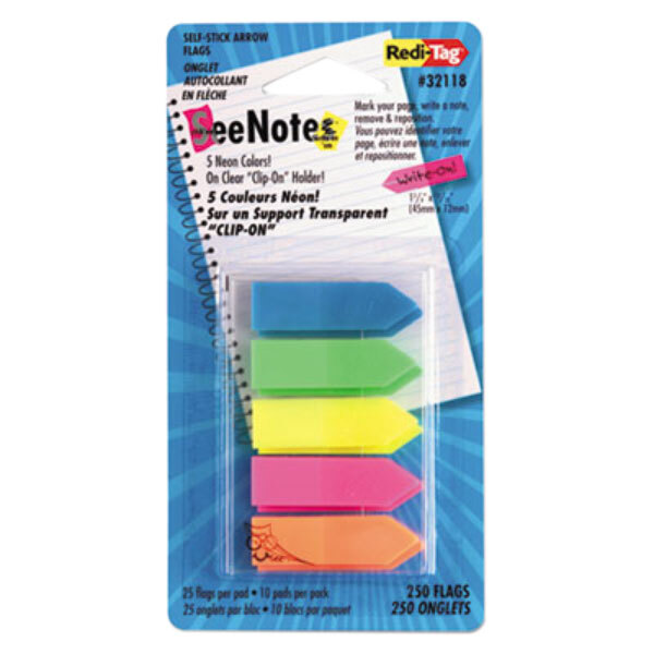 A package of Redi-Tag SeeNotes sticky page flags in assorted neon colors.