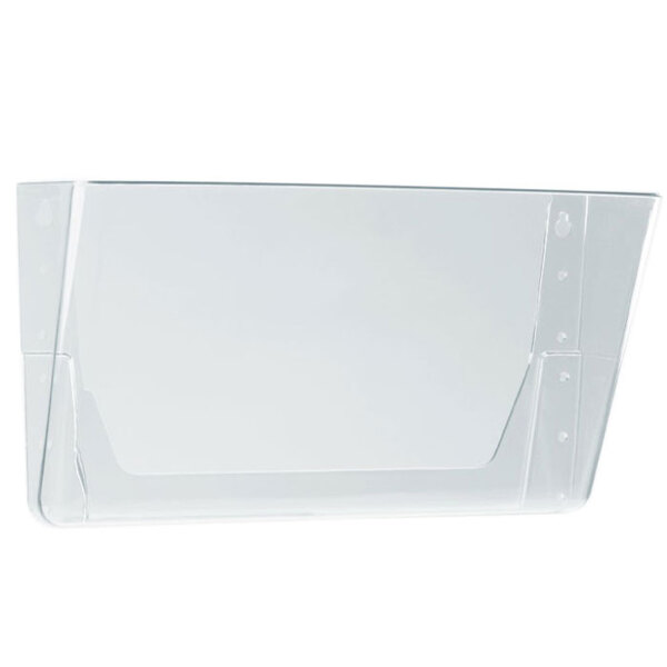 A clear plastic wall file with a pocket for one letter sized item.