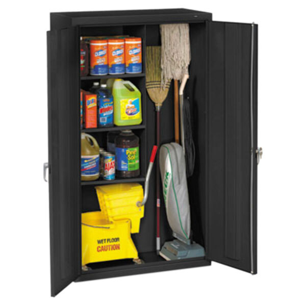 A black metal Tennsco janitorial cabinet with cleaning supplies inside.