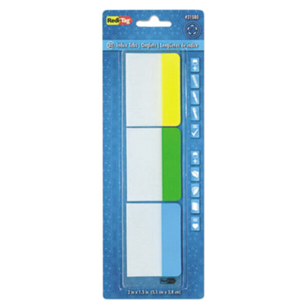 A blue package of Redi-Tag Write-On self-stick index tabs in white rectangular objects with green and white squares.