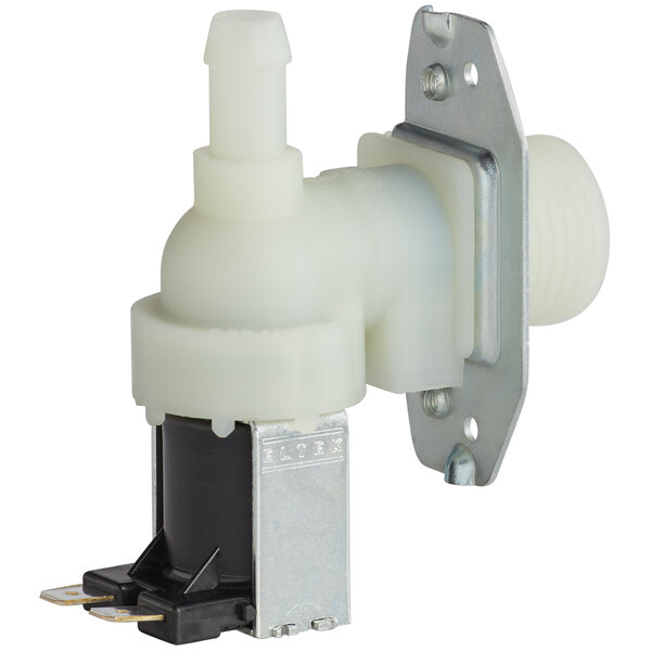A white plastic Bunn inlet valve with a black and silver metal plate.