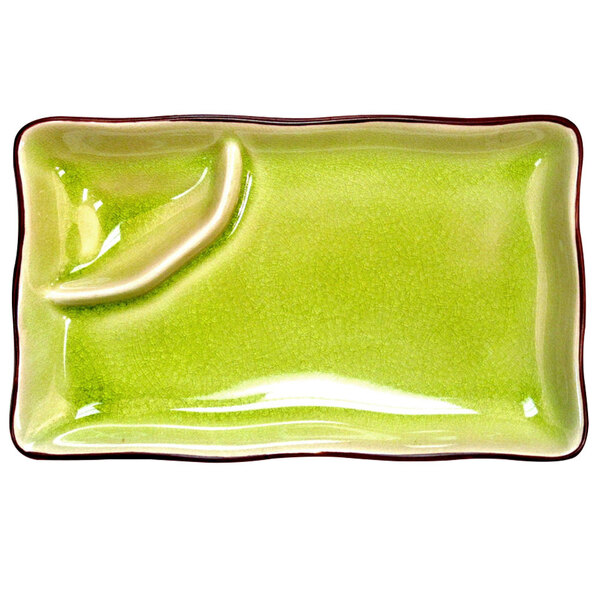 CAC 666-77-G Japanese Style 8" x 4" Divided Stoneware Plate - Black Non-Glare Glaze / Golden Green - 24/Case