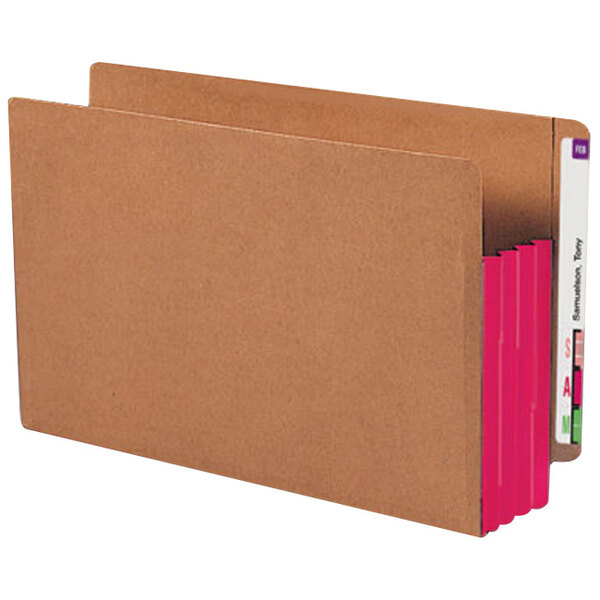 A brown file folder with pink inside.