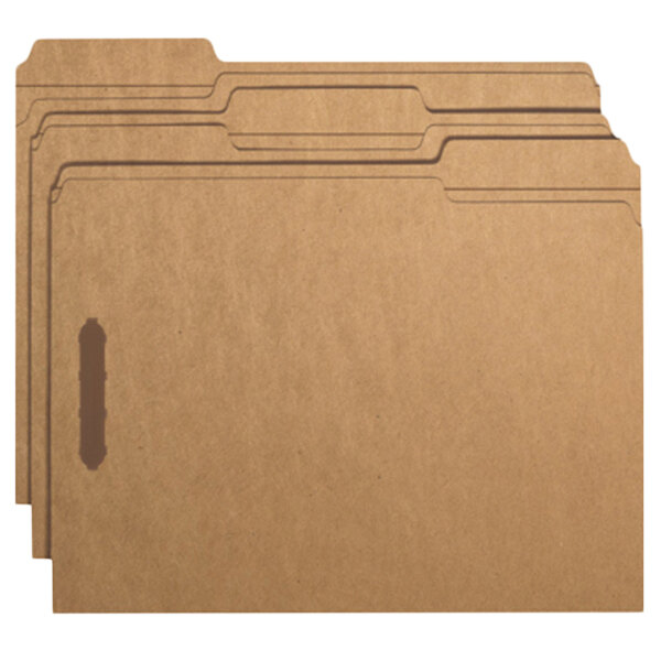 A brown box of Smead letter size fastener folders.