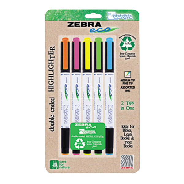 A Zebra package containing 5 Eco Zebrite double-ended highlighters in different colors.