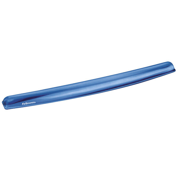 A blue long tube of Fellowes Gel Crystals Keyboard Wrist Rest with text on it.
