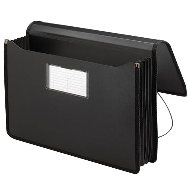 A black poly Smead file folder with a flap and cord closure.