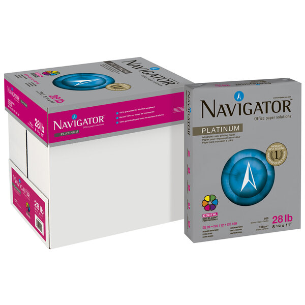 A white box of Navigator Platinum paper with a pink label.