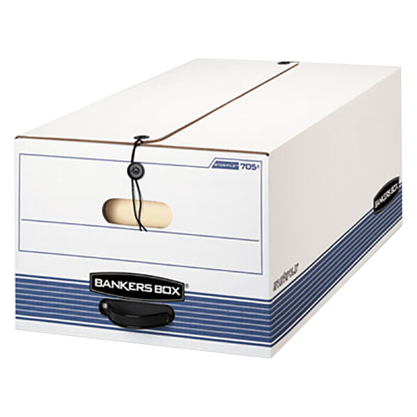 Banker's Box 0070503 15 1/4" x 19 3/4" x 10 3/4" White Legal Sized File Storage Box with String & Button Closure - 4/Case