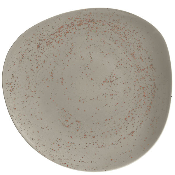 A light gray Schonwald porcelain plate with red and brown specks.