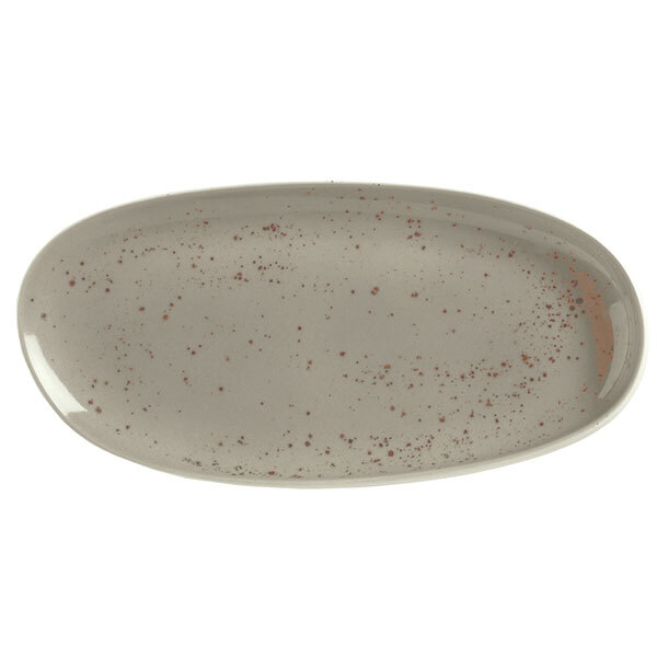 A white oval porcelain platter with gray speckled design.