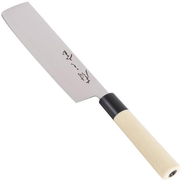 A Mercer Culinary Nakiri knife with a white handle.