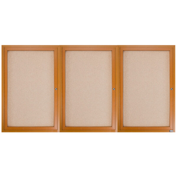 Three brown wooden framed cork bulletin boards with three doors.
