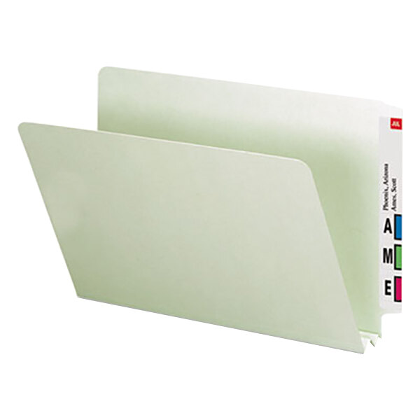 A Smead gray file folder with a green label on it.
