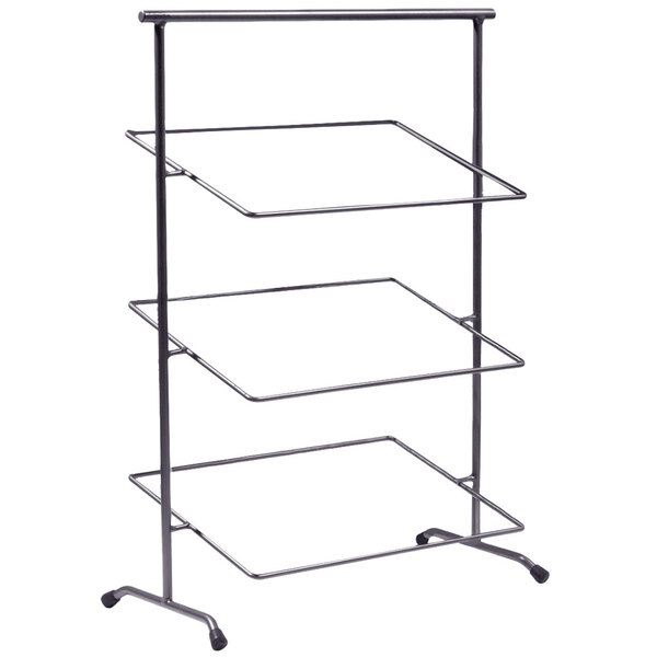 A Clipper Mill gray powder coated iron rectangular 3-tier pane stand with tilted shelves.