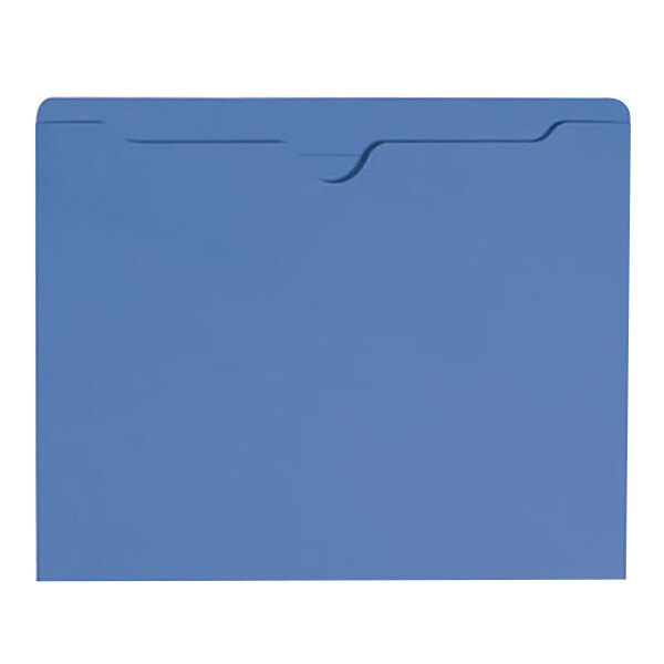 A blue rectangular file jacket with a curved edge and a reinforced tab.