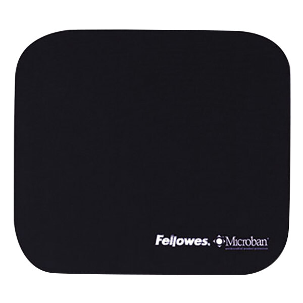 A navy Fellowes mouse pad with white text.