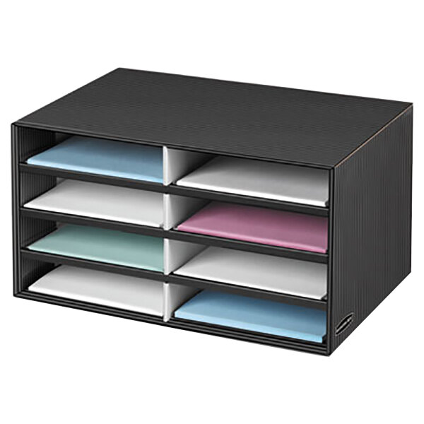 A black and grey Bankers Box letter sorter with different colored sections.