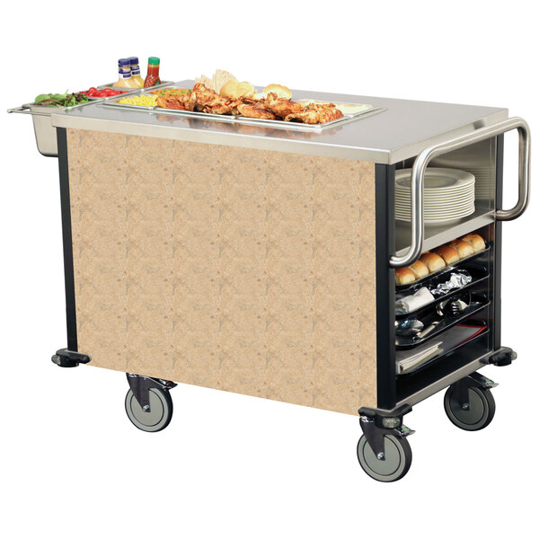 A Lakeside SuzyQ meal serving system on a food cart with a tray of food on it.