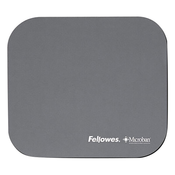 A grey square Fellowes mouse pad with white text.