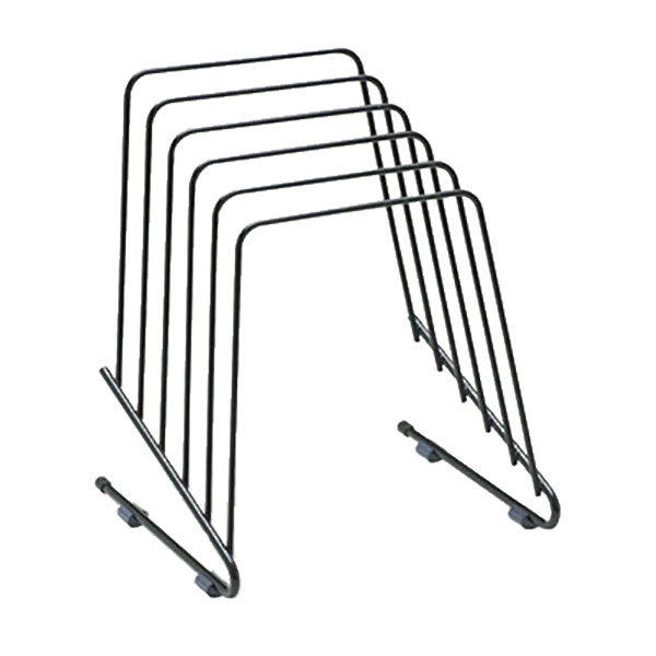 A black wire rack with five metal sections.
