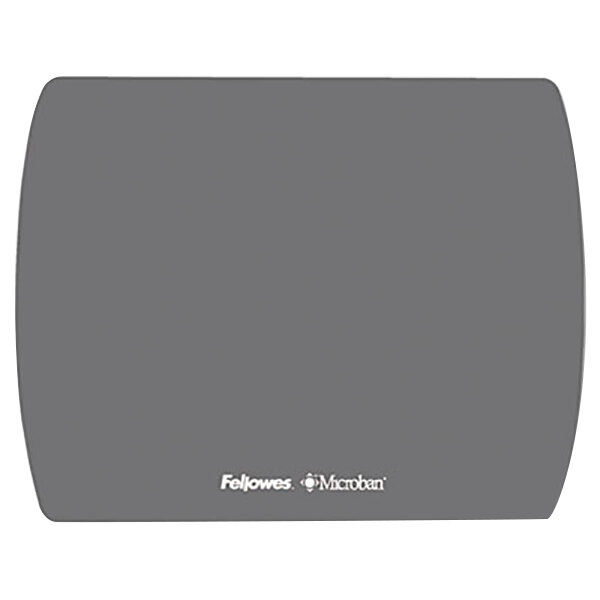 A grey rectangular Fellowes mouse pad with white text that says "Feline"