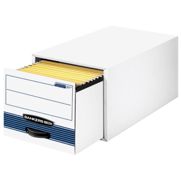 A white Fellowes Banker's Box Stor/Drawer with yellow file folders inside.
