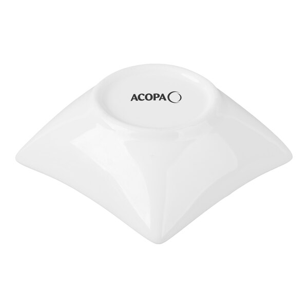 A small, white, square-shaped porcelain sauce cup with the brand name 'Acopa' on the bottom.