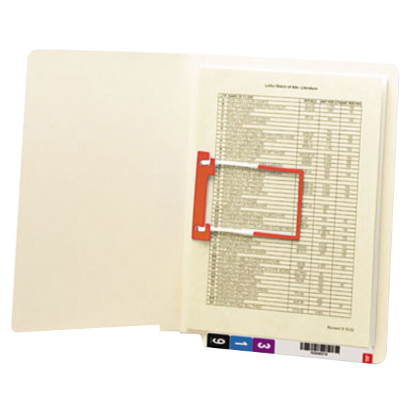 A Smead Shelf-Master file folder with a white label and a red U-clip.