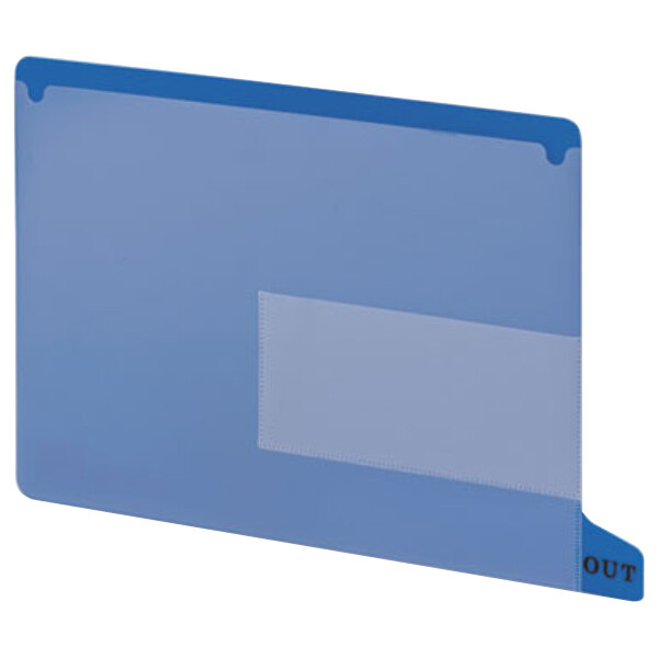 A blue rectangular file folder with a white label.